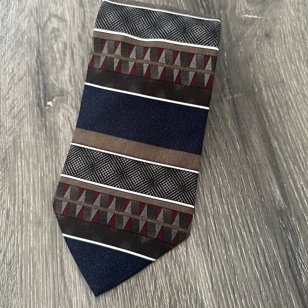 David Taylor Men's Necktie Navy Brown Burgundy Geometric Pattern Dress Tie